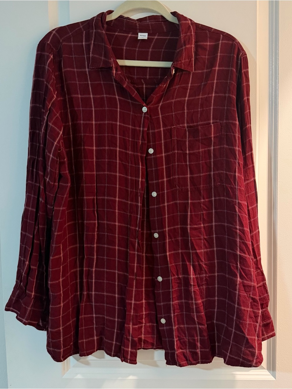 Women’s Fall Maroon Button-Up Flannel Windowpane Shirt